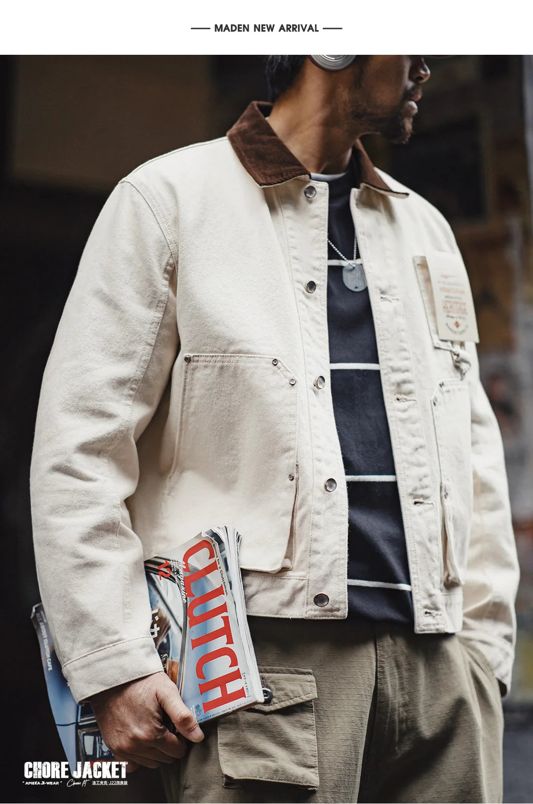 Maden Men's Retro French J22 Jacket Heavyweight White Cottonseed Shell Safari Coat Corduroy Collar Spring/Fall Hunting Outerwear