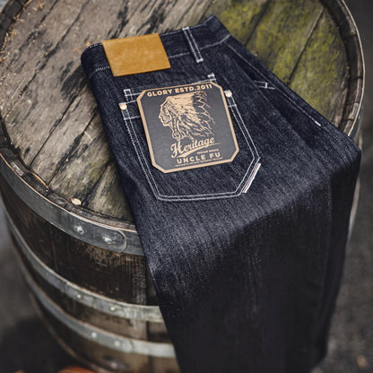 Maden Men's Vintage 12oz Washed Denim Jeans Straight Wide Leg Blue Trousers Loose Fit Zip Fly Casual Pants for Fall and Winter