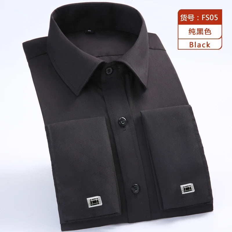 Quality Gentle Formal Men's Dress Shirt with French Cuff, Long Sleeve Solid & Striped Styles, Plus Size & Cufflinks Included