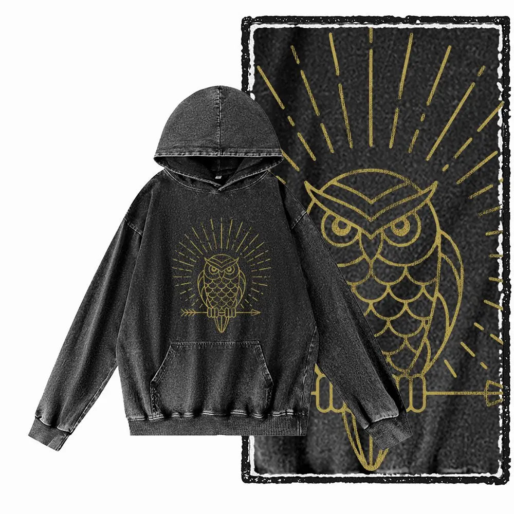Vintage Owl Graphic Acid-Washed Black Hoodie