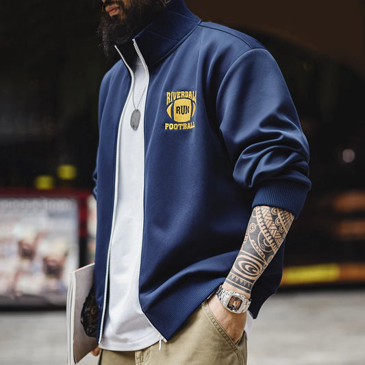 Maden Casual College Style Color-Block Embroidered Jacket Men's Spring Stand Collar Loose Fit Coat Zip-Up Retro Hoodie Cardigan