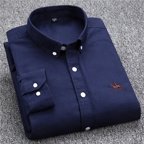 Casual Cotton Oxford Shirts for Men - Long Sleeve Regular Fit White Dress Shirt
