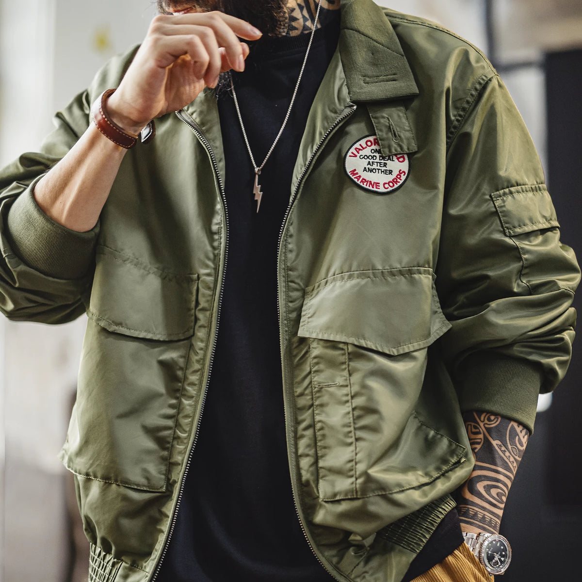 Maden Vintage Military Style G8WEP Jacket Men's Short Length Stand Collar Tactical Coat Green Lightweight Zip-Up Field Jacket