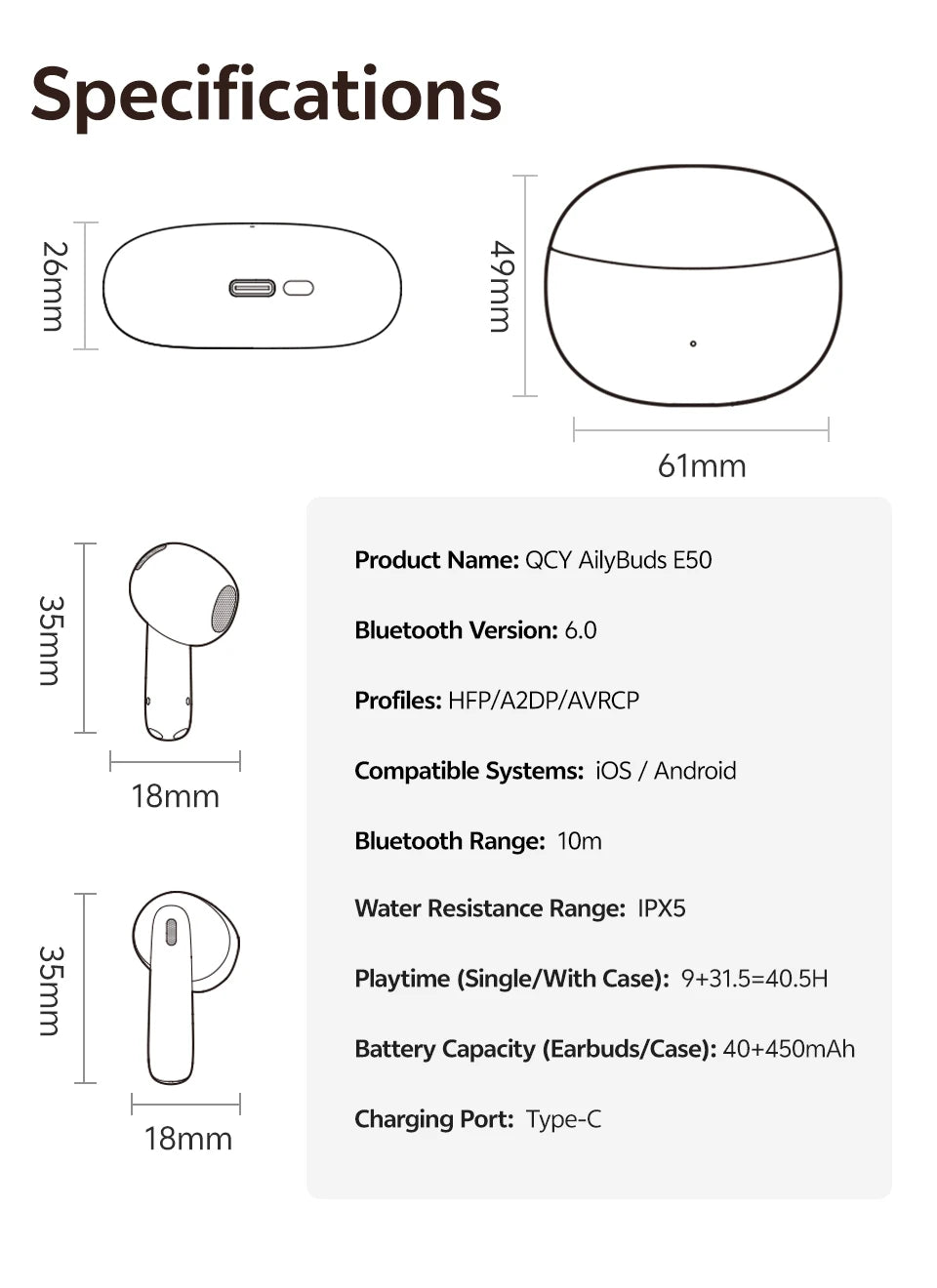 QCY AilyBuds E50 Wireless Earbuds with Bluetooth 6.0, Spatial Sound, 11mm Drivers, In-Ear Detection, HT11 Bass Boost, and 40H Playtime - ShopHub