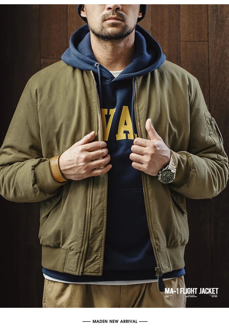 Maden Reversible MA-1 Flight Jackets for Men Baseball Collar Small Square Texture Fall and Winter Thickened Coats Cotton Jacket