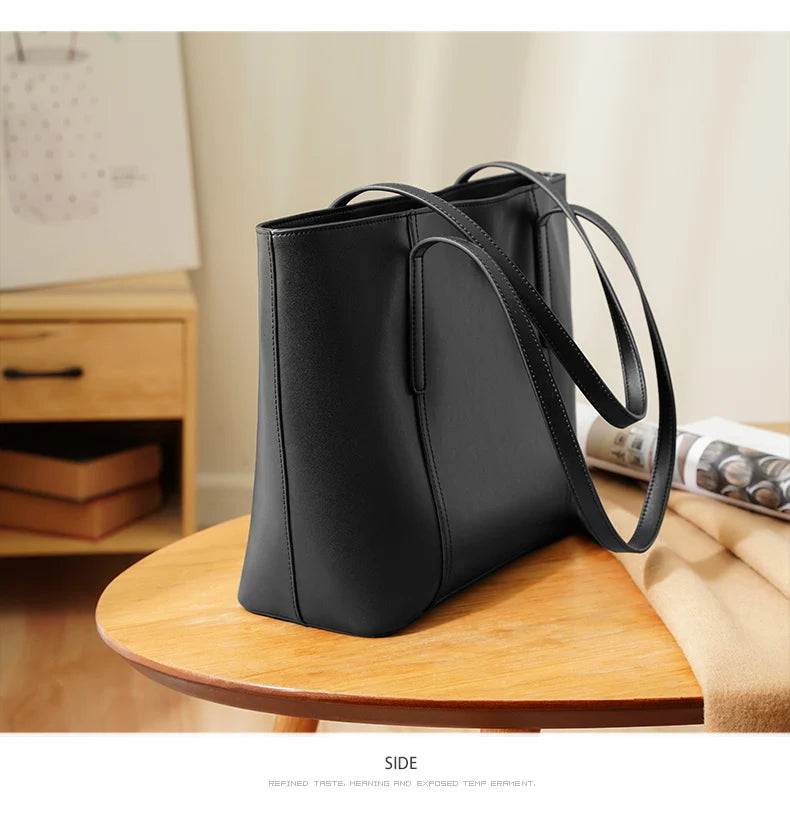 FOXER Split Leather Shoulder Bag for Women Simple Large Capacity Tote Lady Classic Black Handbag Gift for Wife, Lover
