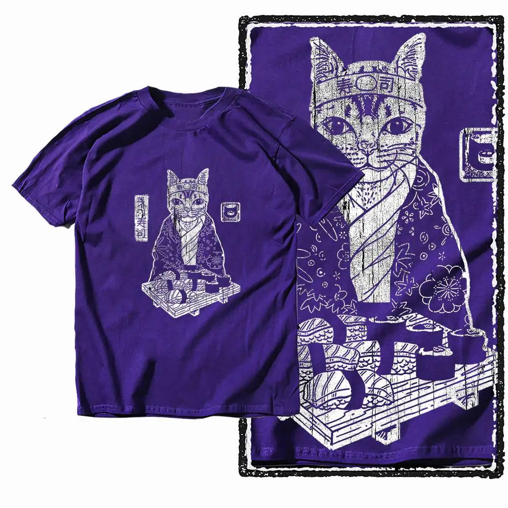 G49 Purple Big Size Cool 100% Cotton  Men's Cat Printed Graphic T-shirt |  Streetwear O-neck men's Tee Tshirt