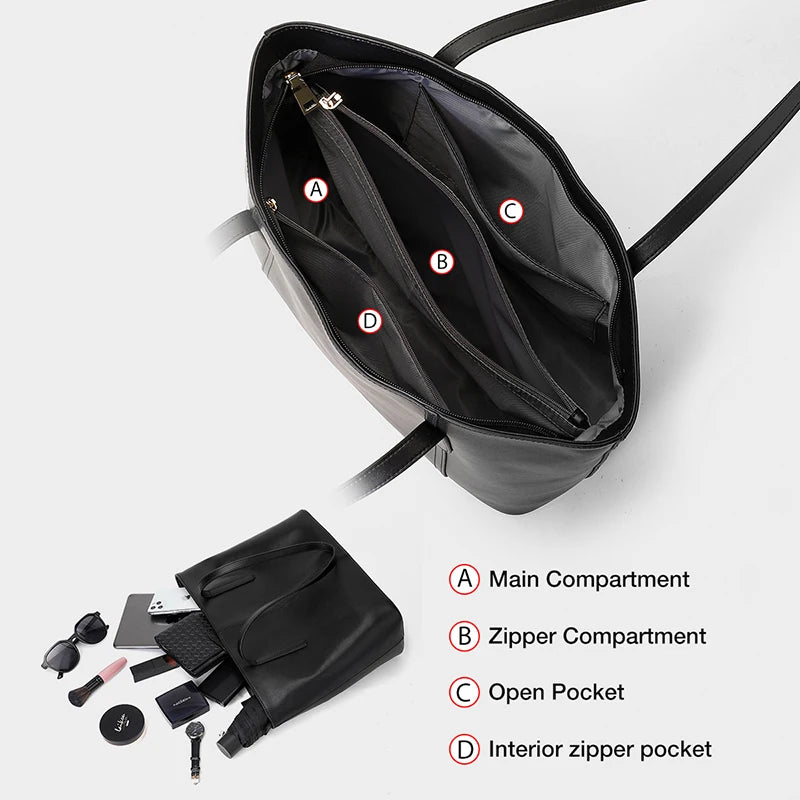 FOXER Split Leather Shoulder Bag for Women Simple Large Capacity Tote Lady Classic Black Handbag Gift for Wife, Lover