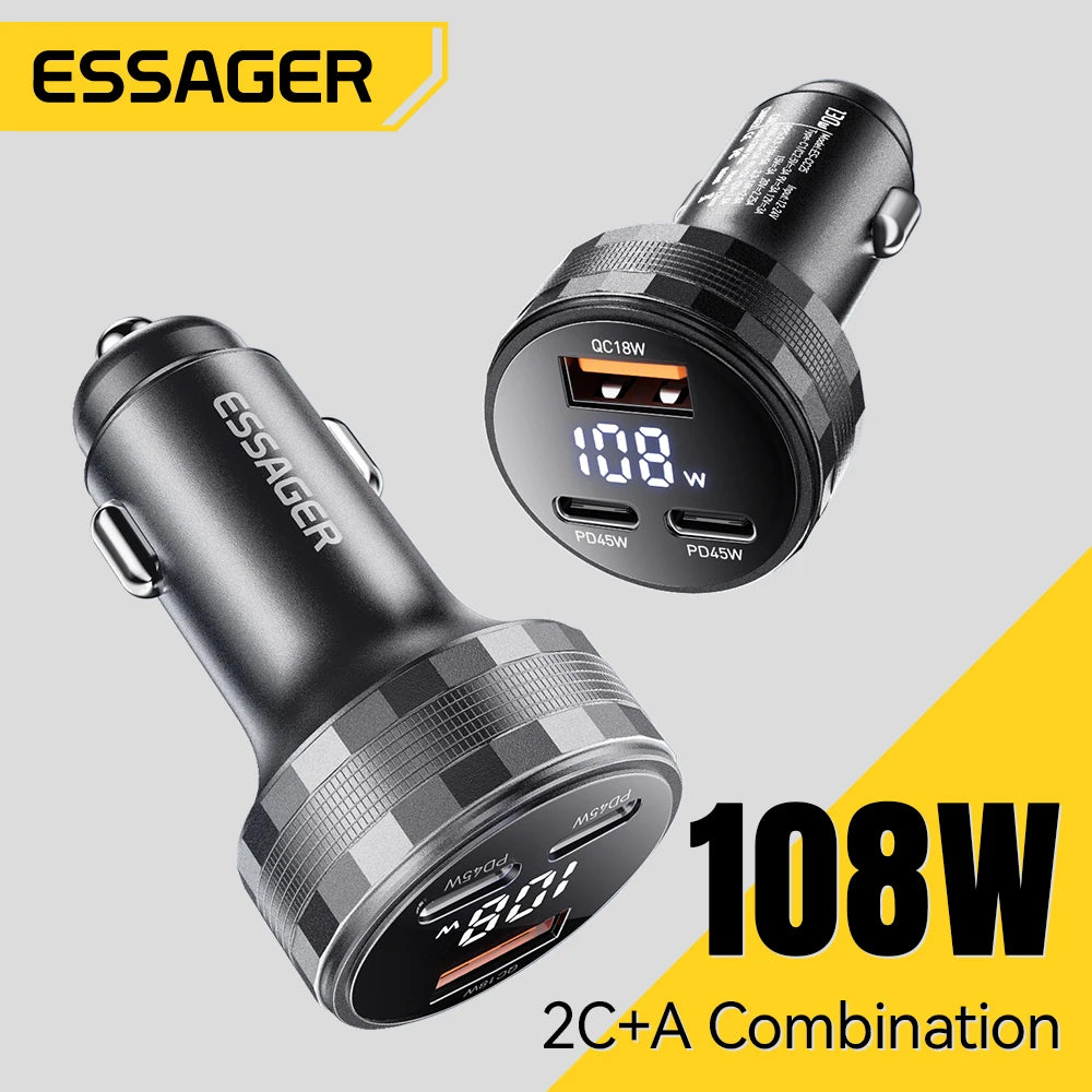Essager 108W 3-Port USB Car Charger with Digital Display