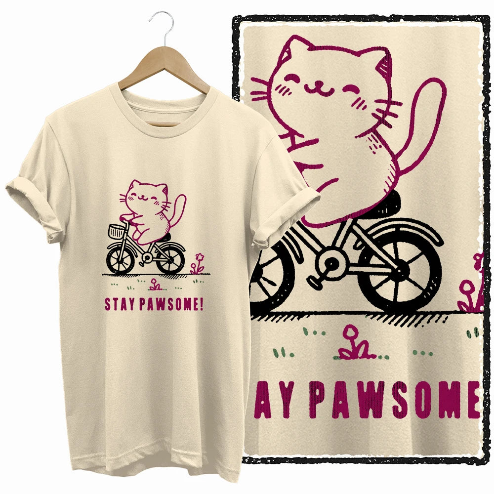 COOLMIND Beige Cat Graphic T-Shirt | Women's Relaxed Fit