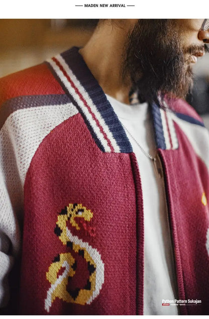 Maden Vintage Yokosuka Embroidered Jacket Men's Jacquard Knitted Cardigan Thickened Warm Zippered Baseball Coat for Fall Winter