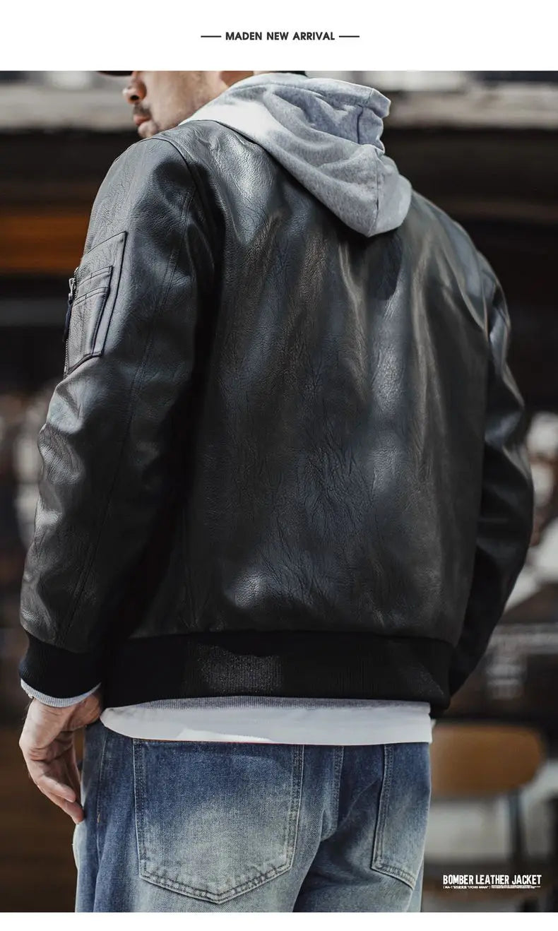 Maden Vintage Men's MA1 Leather Jacket Black Pilot Bomber Jacket Short Zip-up Pocket Baseball Coat Outerwear for Fall Streetwear