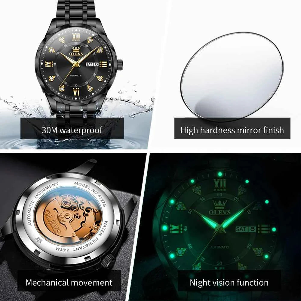 OLEVS 6727 Automatic Mechanical Watch for Men & Women - Waterproof Luminous Calendar Wristwatch with Gift Box