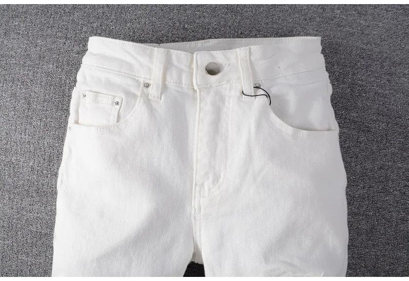 Sokotoo Men's White Crystal Holes Ripped Jeans - ShopHub