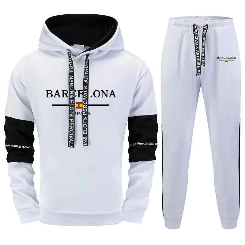 Men's Barcelona Print Hoodies and Sweatpants - Casual Autumn Winter Streetwear Jogging Suit