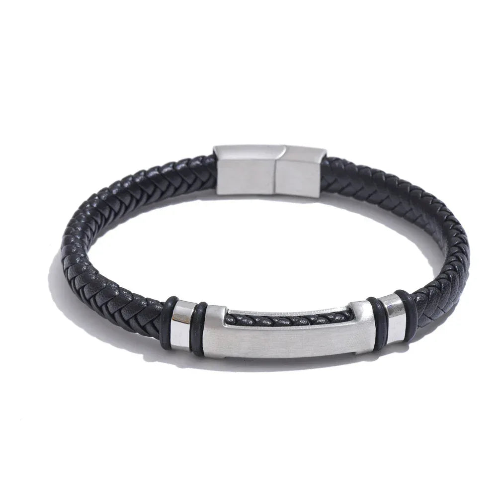 70mm Vintage Stainless Steel Black Leather Braided Handmade Men's Bracelet Bangle - ShopHub