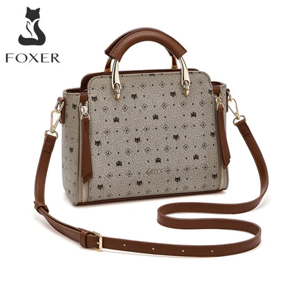 FOXER Vintage Leather Women Handbag Classic Top‑Handle Tote Bag PVC Leather Large Capacity Shoulder Bag Ladies Crossbody Purse