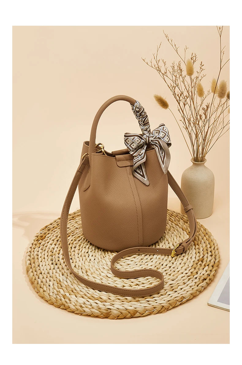 FOXER Women Shoulder Bag Crossbody Handbag Lady Genuine Leather+ Microfiber Fashion Bucket Bag Gift for Lover