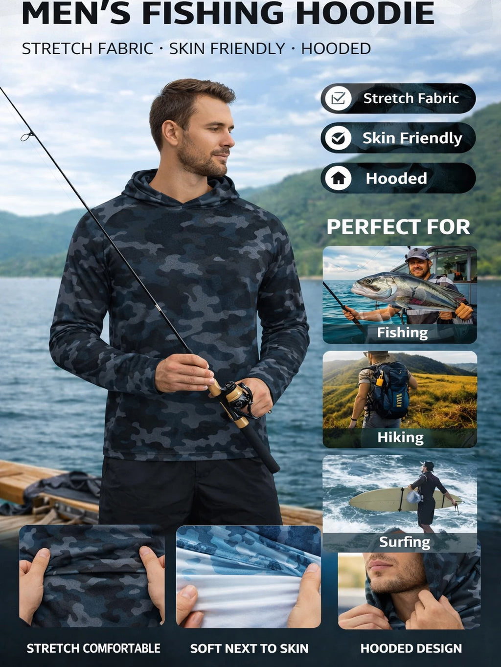 Men's fishing hoodie with features and uses displayed on a scenic background