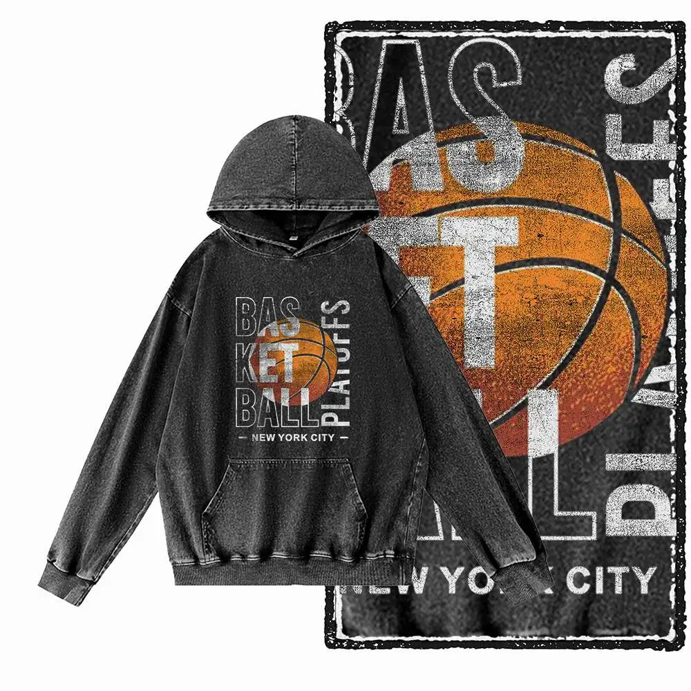 Courtside Basketball Graphic Acid-Washed Black Hoodie