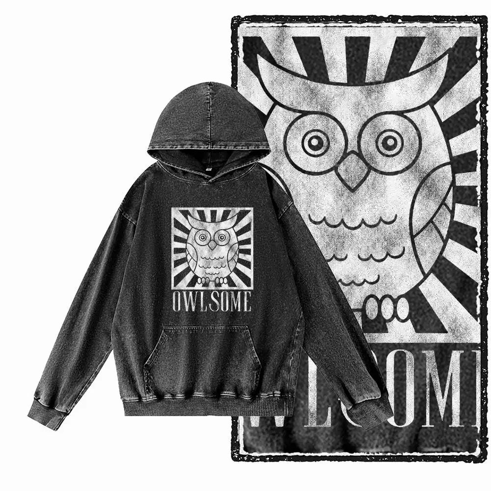 Vintage Owl Graphic Acid-Washed Black Hoodie