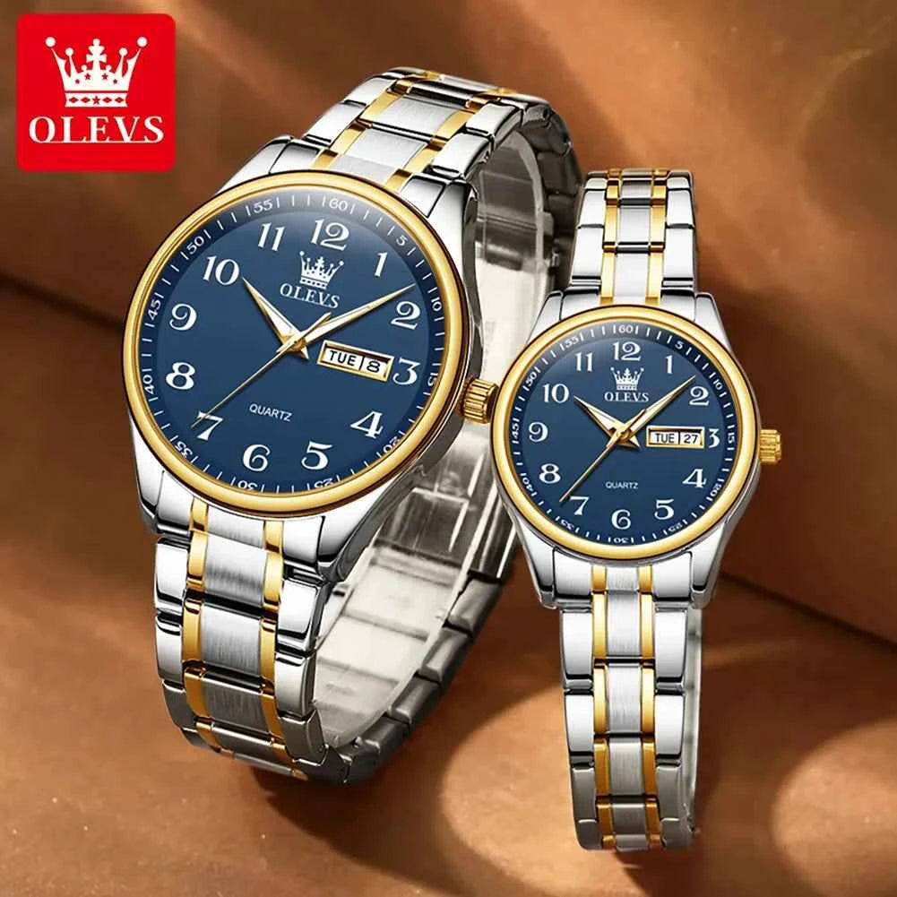 OLEVS 5567 Couple Luxury Watches Water Resistant Luminous Quartz Wristwatch with Day Date for Perfect Couple Gifts