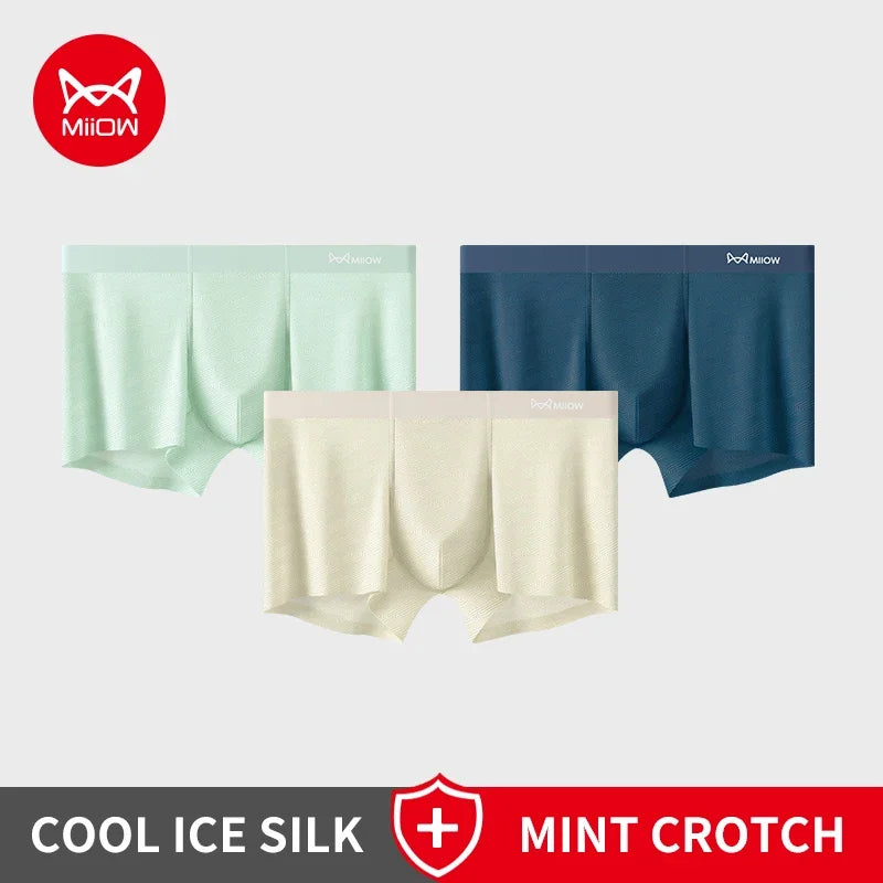 MiiOW Men's Silky Ice Silk Boxers - 3Pcs Antibacterial Seamless Breathable Underwear