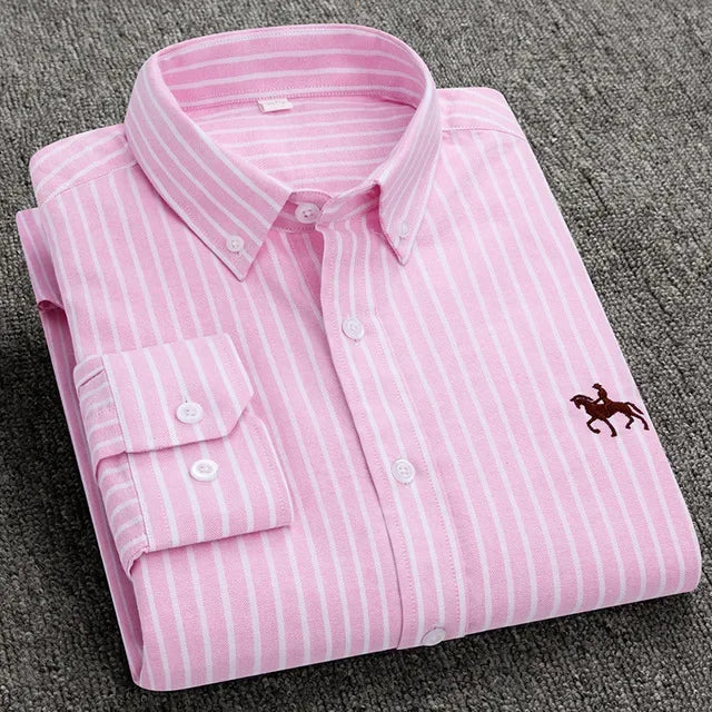 Casual Cotton Oxford Shirts for Men - Long Sleeve Regular Fit White Dress Shirt
