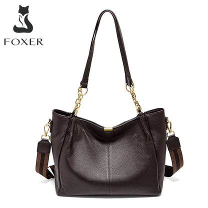 FOXER Genuine Leather Women's Elegant Shoulder Bag Simple Casual Tote Bag Large Capacity Multi-use Crossbody Handbag for Daily