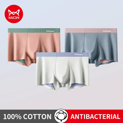 MiiOW Men's Cotton Underwear 3Pcs Silky Softness Antibacterial Boxers