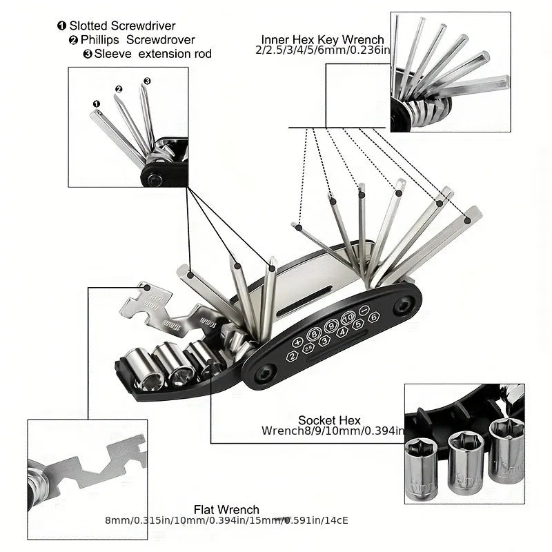 Folding Bike & Motorcycle Repair Tool Kit (16 in 1) Habicare