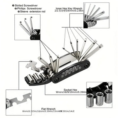 Folding Bike & Motorcycle Repair Tool Kit (16 in 1) Habicare