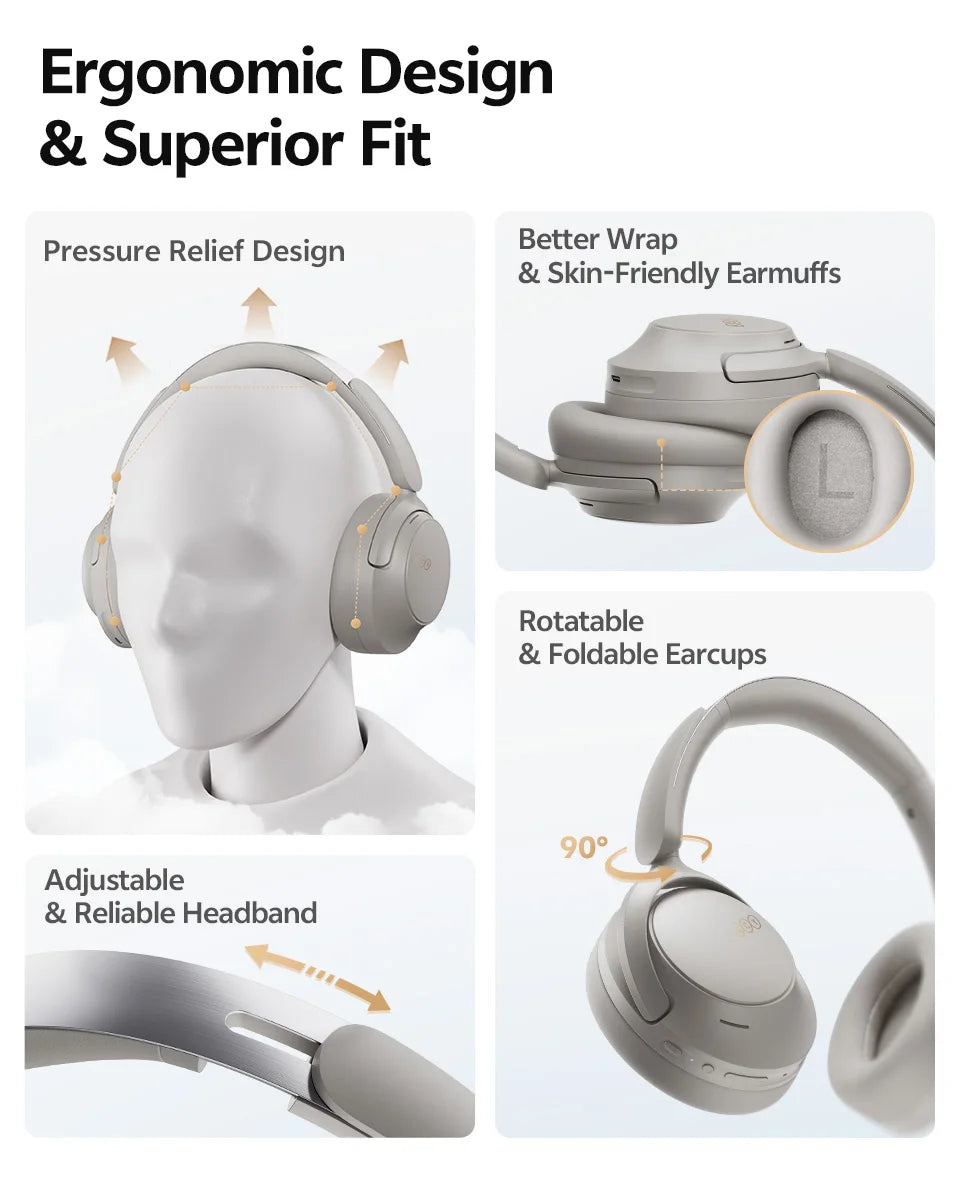 QCY Wireless Bluetooth Headphones 6.0 BH25H3SA - 3D Spatial Audio, Foldable Over Ear Headset with 56dB Adaptive ANC and 53mm Driver - ShopHub