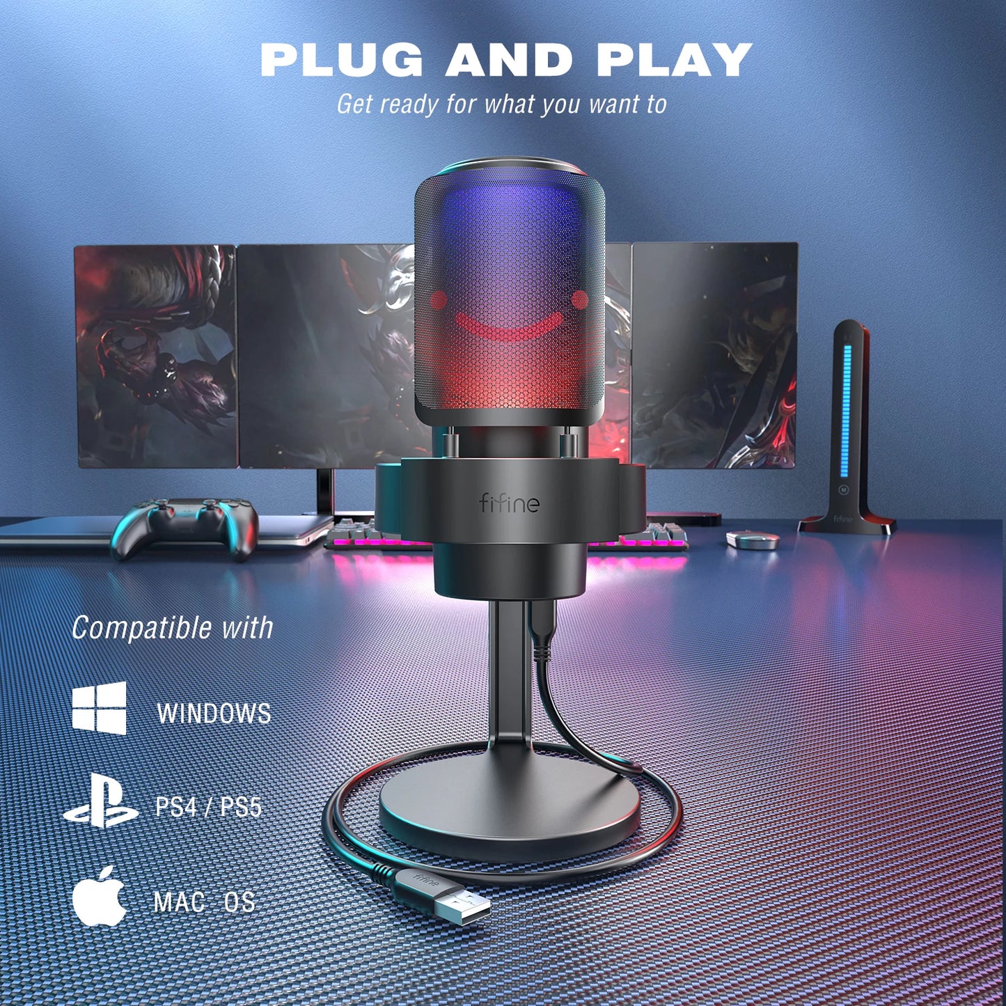 FIFINE USB microphone with adjustable stand and sleek black design, ideal for streaming, recording, and podcasting.