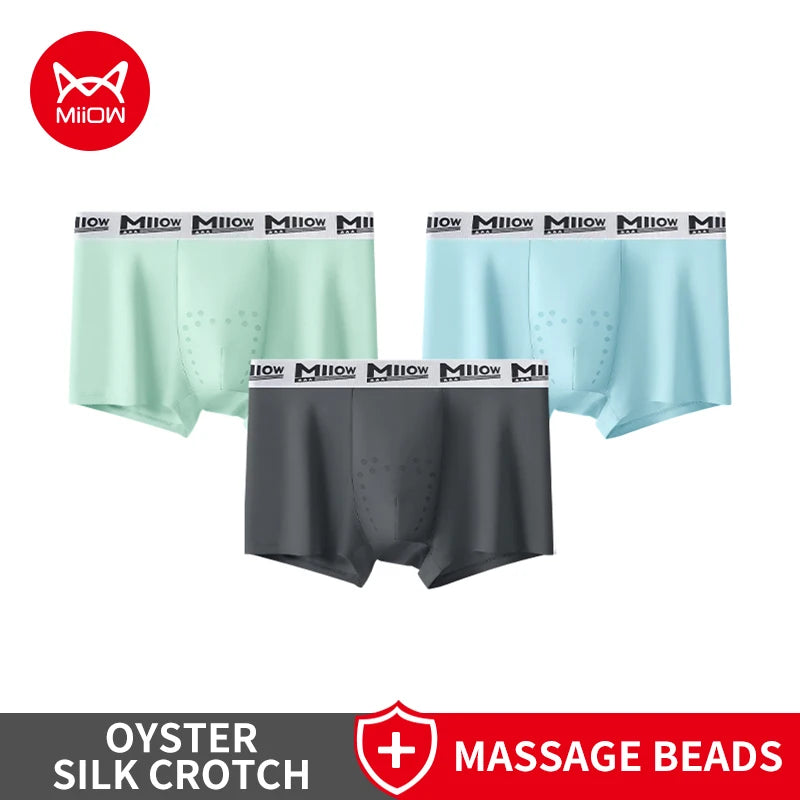 MiiOW 3Pcs Men's Breathable Underwear Ice Silk 10A Antibacterial Boxershorts with 101 Massage Beads