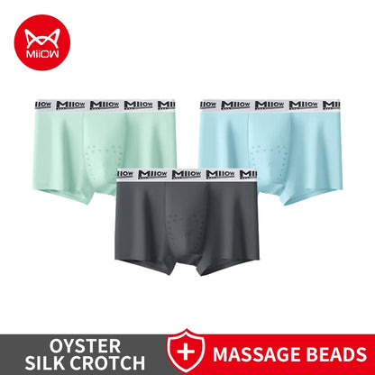MiiOW 3Pcs Men's Breathable Underwear Ice Silk 10A Antibacterial Boxershorts with 101 Massage Beads