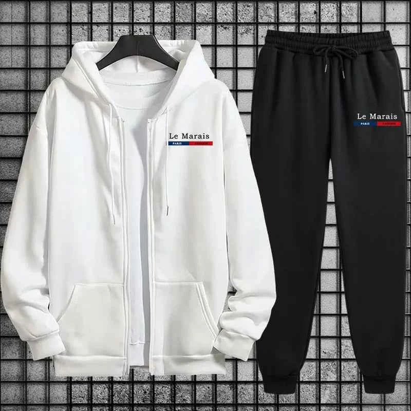 Paris Le Marais Tracksuit Set - Men’s 2 Piece Zipper Hoodie & Sweatpants Urban Streetwear for Autumn Winter Sport Style