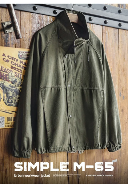 Maden Men's Vintage M-65 Field Jacket Green Cotton Zipper Army Coat Stand Collar Drawstring Windbreaker for Spring and Fall