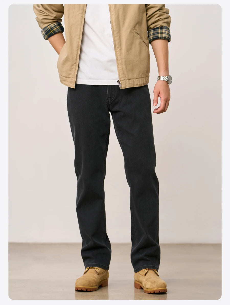 SIMWOOD 2026 Autumn New Loose Straight 13oz Elastic Fabric Jeans Men Washed Vintgae Basic Black Denim Trousers