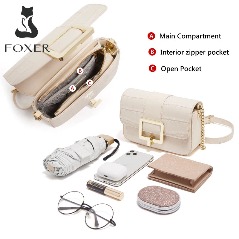 FOXER Split Leather Fashion Women Shoulder Bag Lady Crossbody Handbag Gift for Wife, Girlfriend