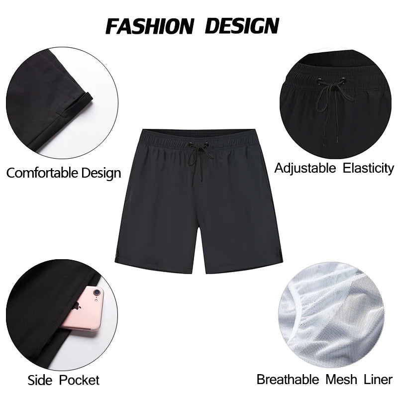 Men's Datifer Brand 2026 summer boardshorts with solid polyester, breathable mesh liner, side pockets, and sporty swimwear design.