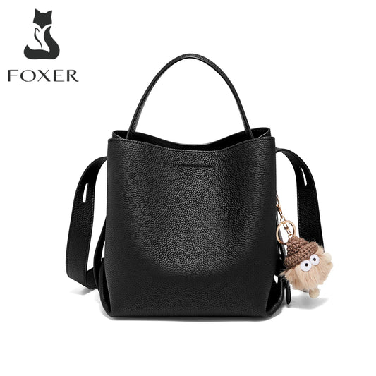 FOXER Soft Leather Bucket Bag for Women Simple Genuine Leather Shoulder Bag Female Casual Handbag Daily Work Crossbody Purse