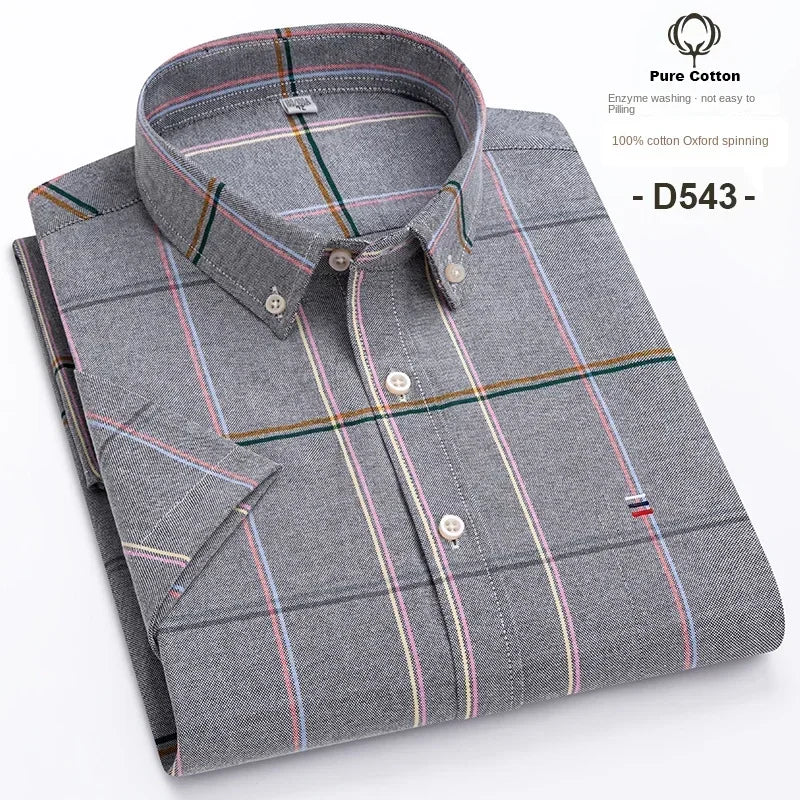 100% Cotton Men's Breathable Cotton Plaid Shirt - Short Sleeve Oxford Summer Striped Regular Fit Oversized Clothing