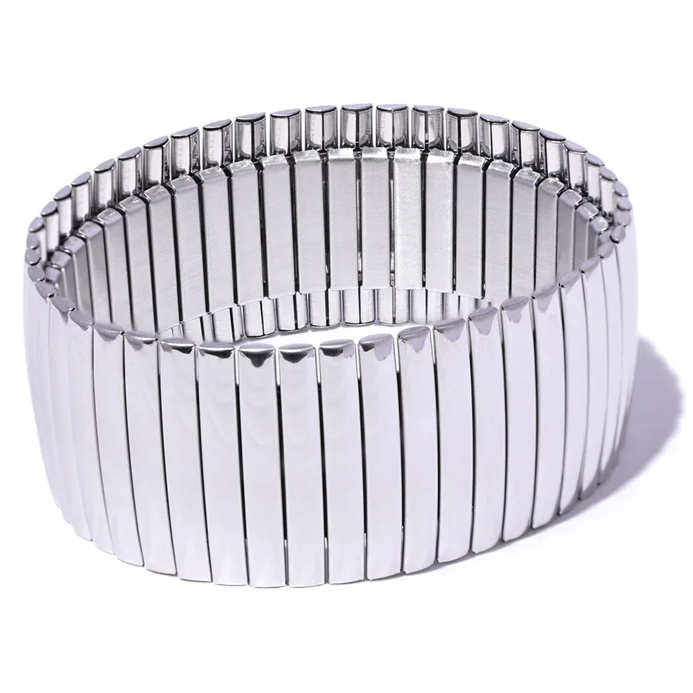Elastic 316L Stainless Steel Metal Wide Big Statement Bracelet Bangle - ShopHub