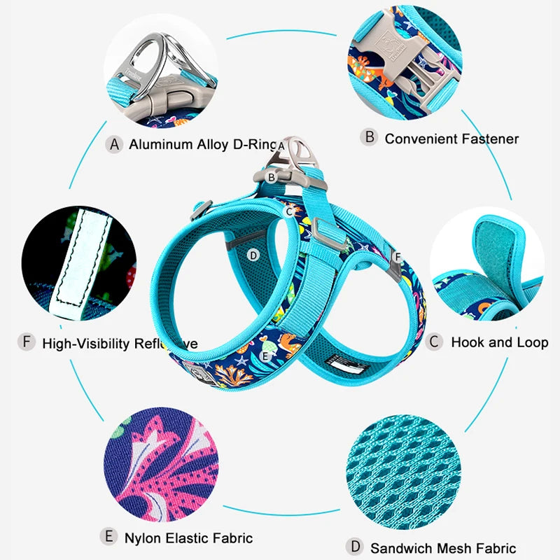 Truelove Floral Printing Mesh Harness for Dogs and Cats Small and Medium Breeds All Weather Adjustable Summer Walking TLH30131