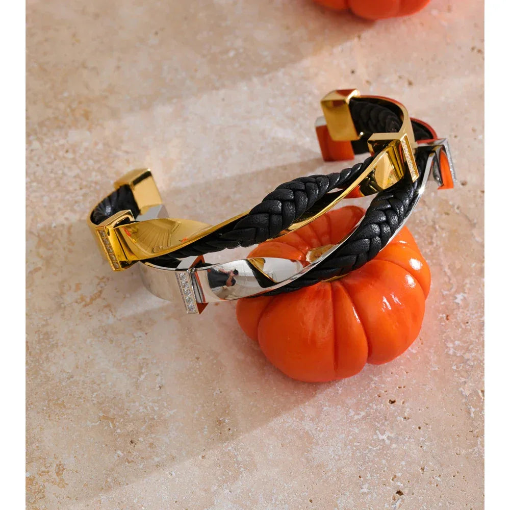 68mm Black Leather Stainless Steel Twisted Cuff Bracelet - ShopHub