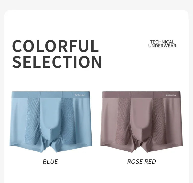 MiiOW 3Pcs Men's Breathable Boxer Underwear Seamless Ice Silk Mesh Panties with Cotton Crotch