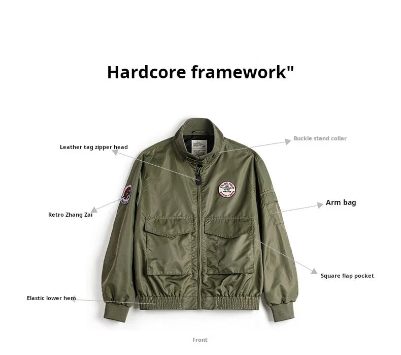 Maden Vintage Military Style G8WEP Jacket Men's Short Length Stand Collar Tactical Coat Green Lightweight Zip-Up Field Jacket