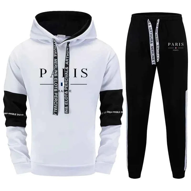 Men's Tracksuit Set Paris Print Hoodie and Sweatpants for Fall Winter Casual Sporty Jogging