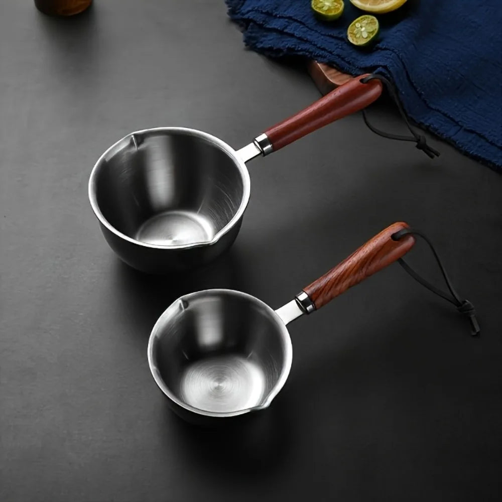 2Pcs Stainless Steel Kitchen Tools Set, 10oz Pot with Wood Handle & Cake Spatula, Durable Daily Kitchen Accessories